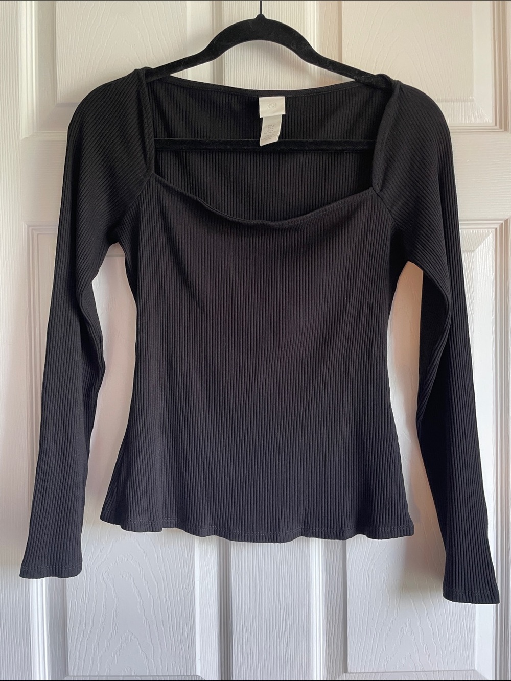 H&M Black Ribbed Long-Sleeve Square Neck Top